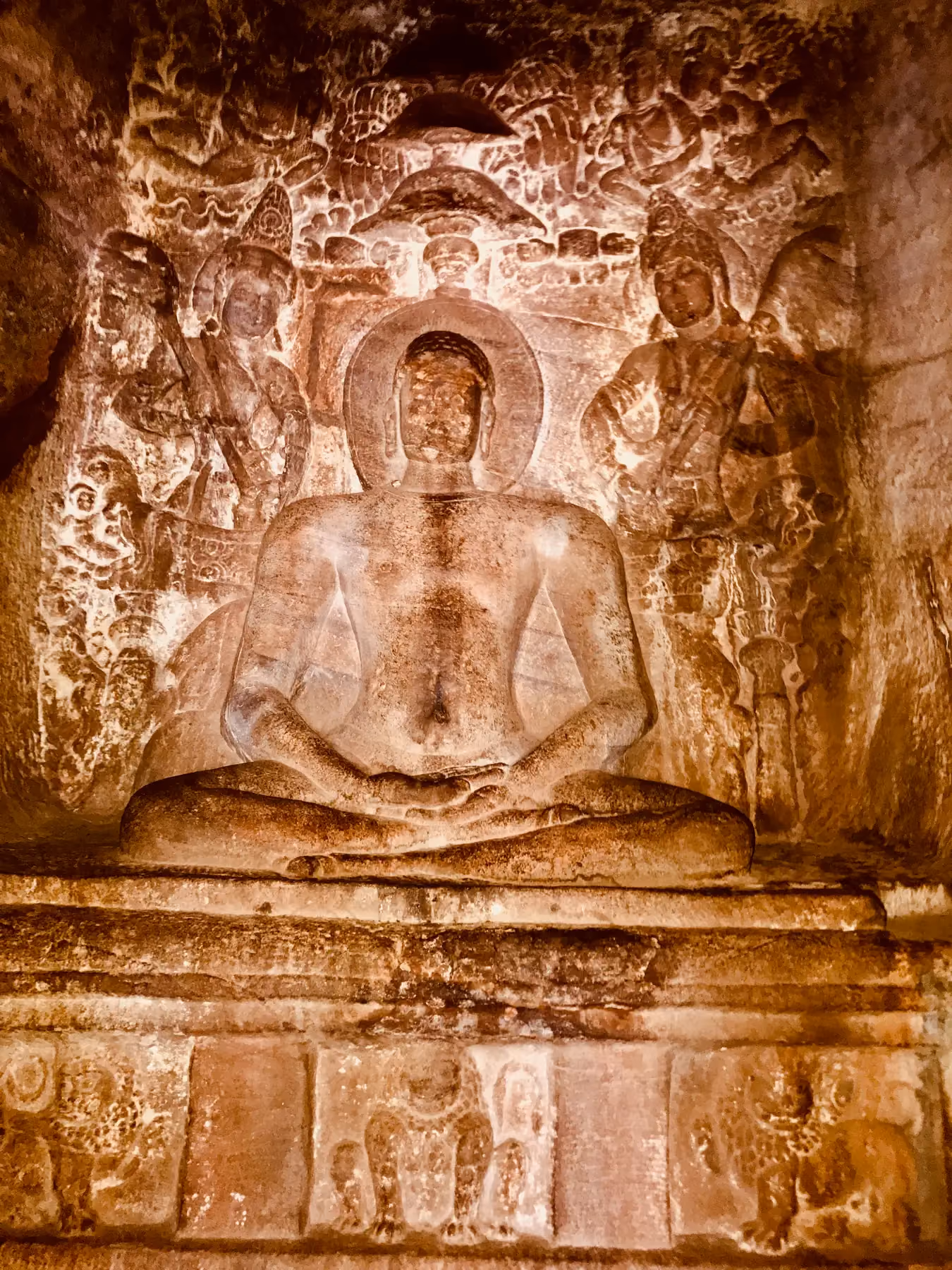 Rock-cut Digambar Jain reliefs carved into the wall of Cave 4 at Badami