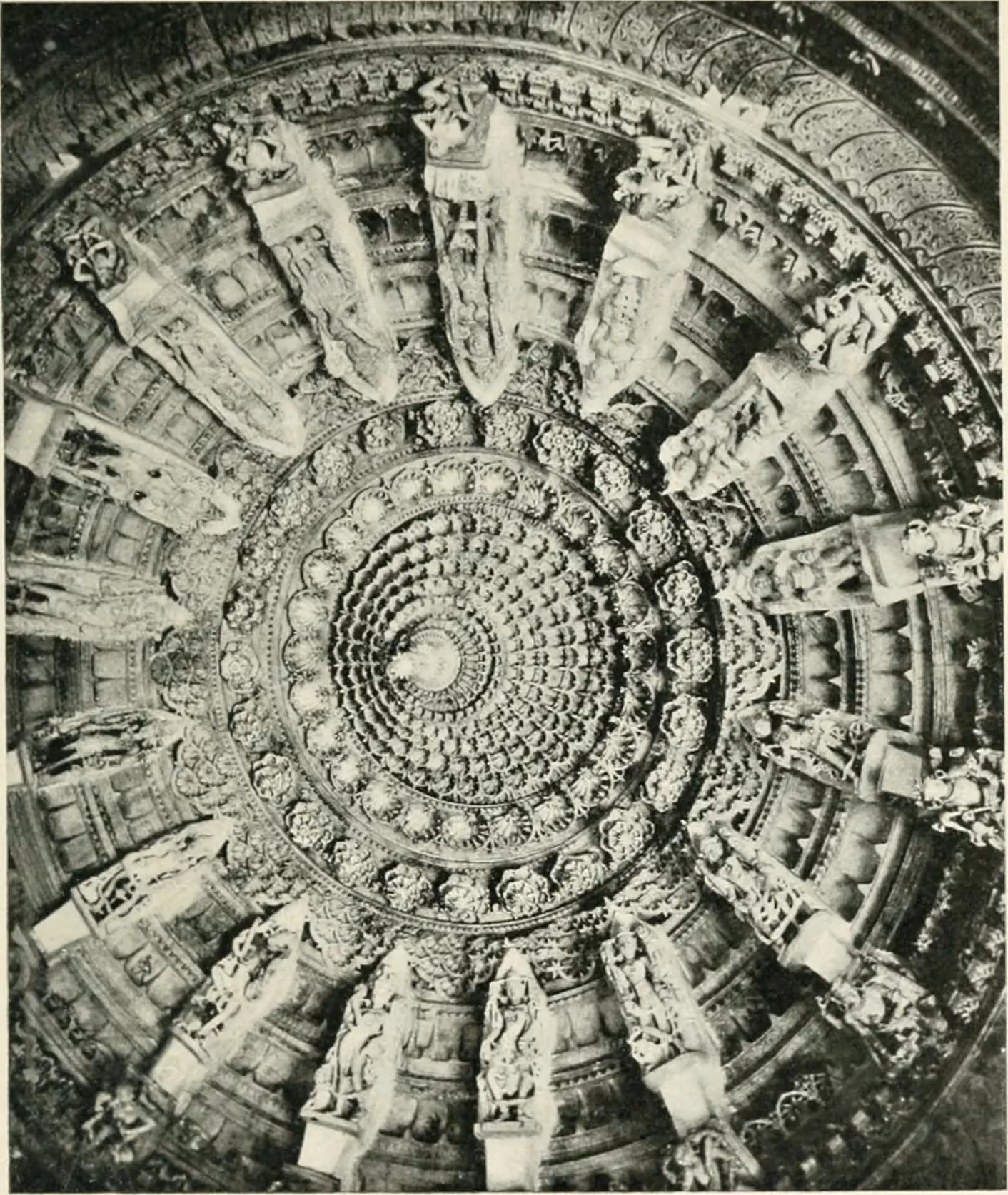 The deeply carved concentric marble ceiling of a Dilwara Jain temple at Mount Abu