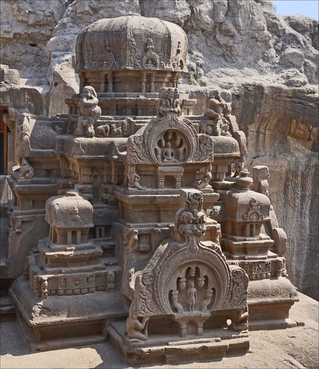 The tiered pyramidal tower of the monolithic Jain shrine in Indra Sabha, Cave 32 at Ellora