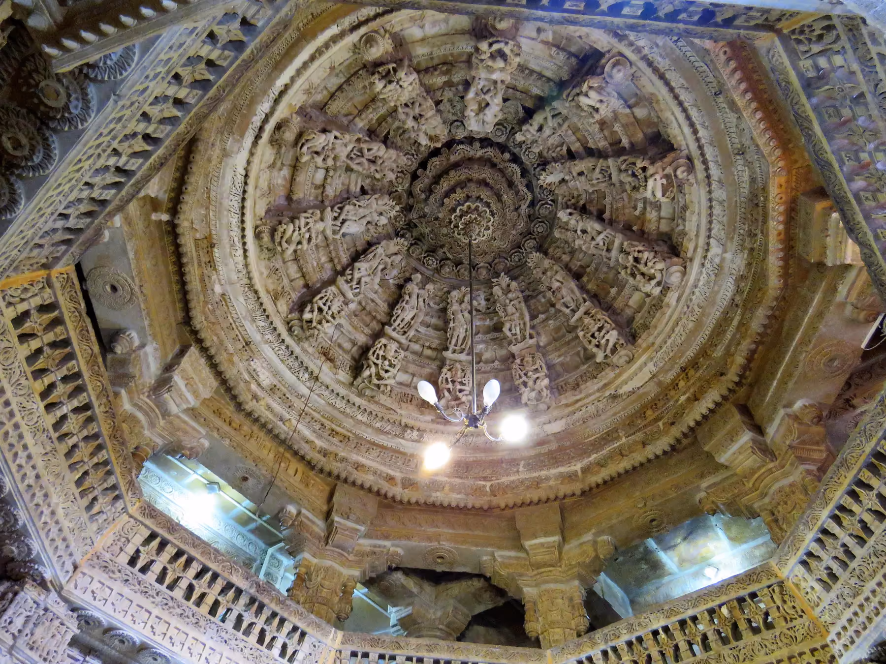 The carved sandstone roof structure of a Jain temple inside Jaisalmer Fort