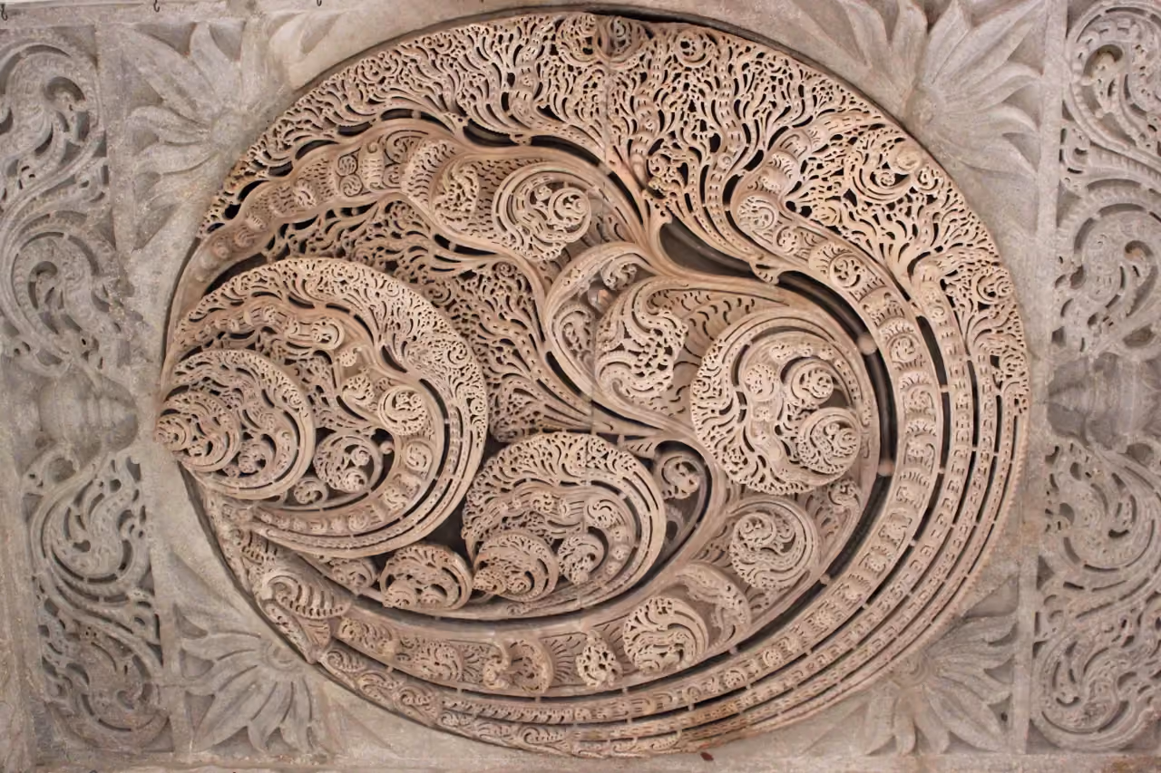 Fifteenth-century marble carving on a pillar of the Ranakpur Jain temple