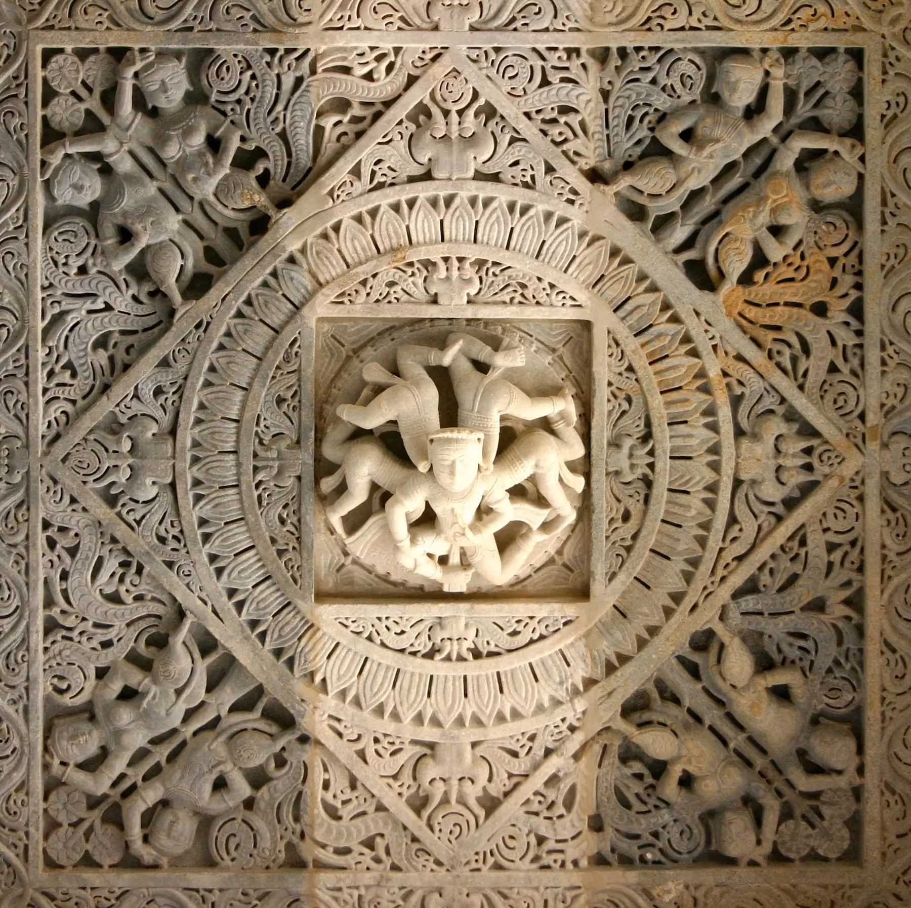 A close view of pierced marble carving in the Ranakpur Jain temple complex