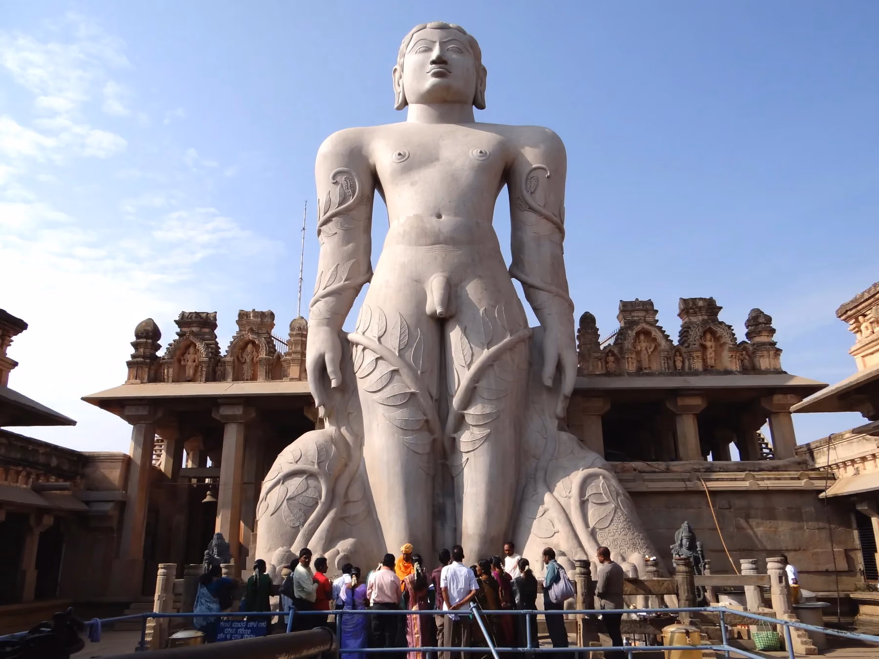 The monolithic stone statue of Bahubali at Shravanabelagola, standing upright with vines carved around the legs